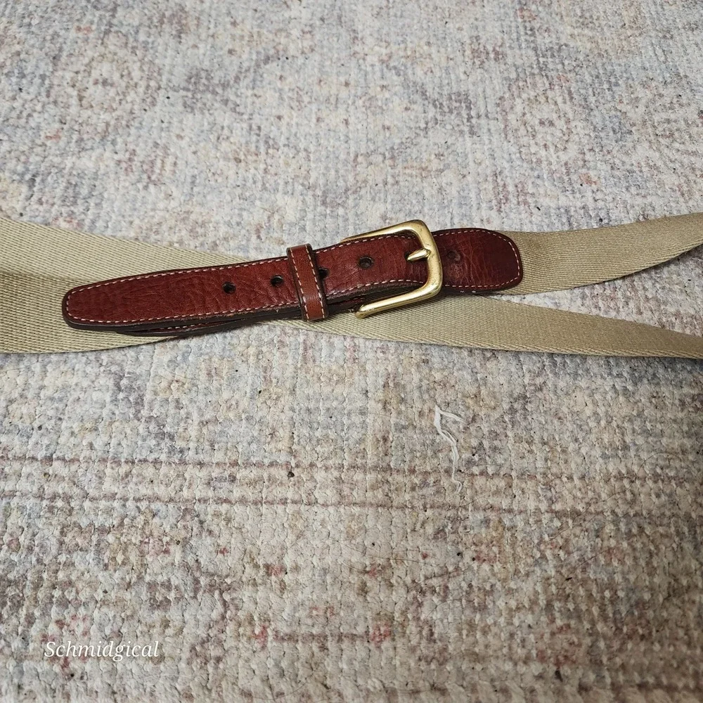 Lands End Mens Belt Khaki Canvas Brown Leather Solid Brass Buckle USA Made 73990